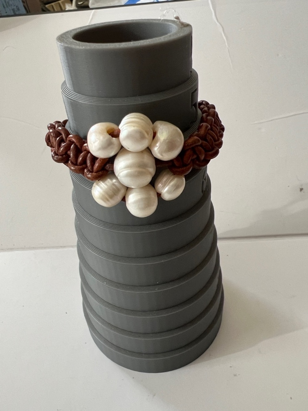 Pearl Cluster Flower leather Bracelet with Brown Braided Band, 6.5 inches